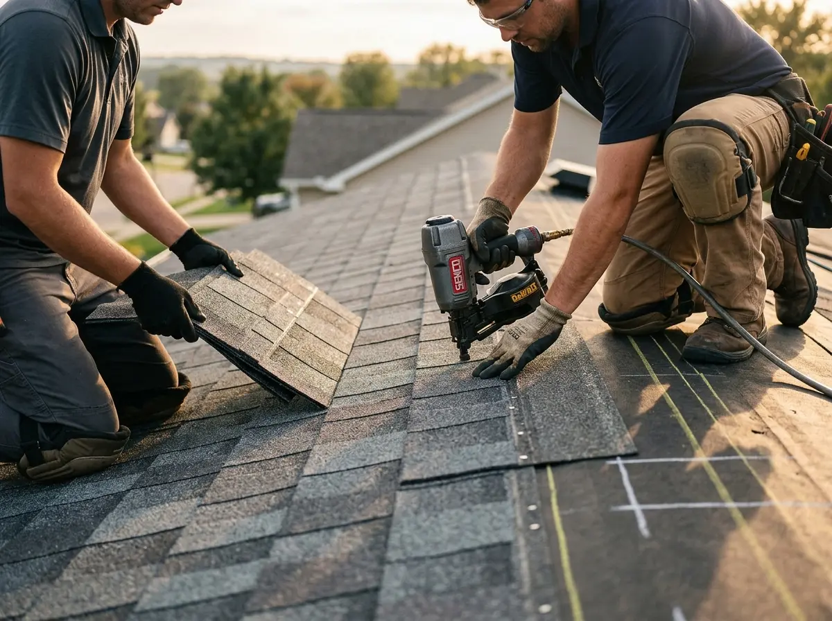 Professional roofer working on a residential roof in Schererville